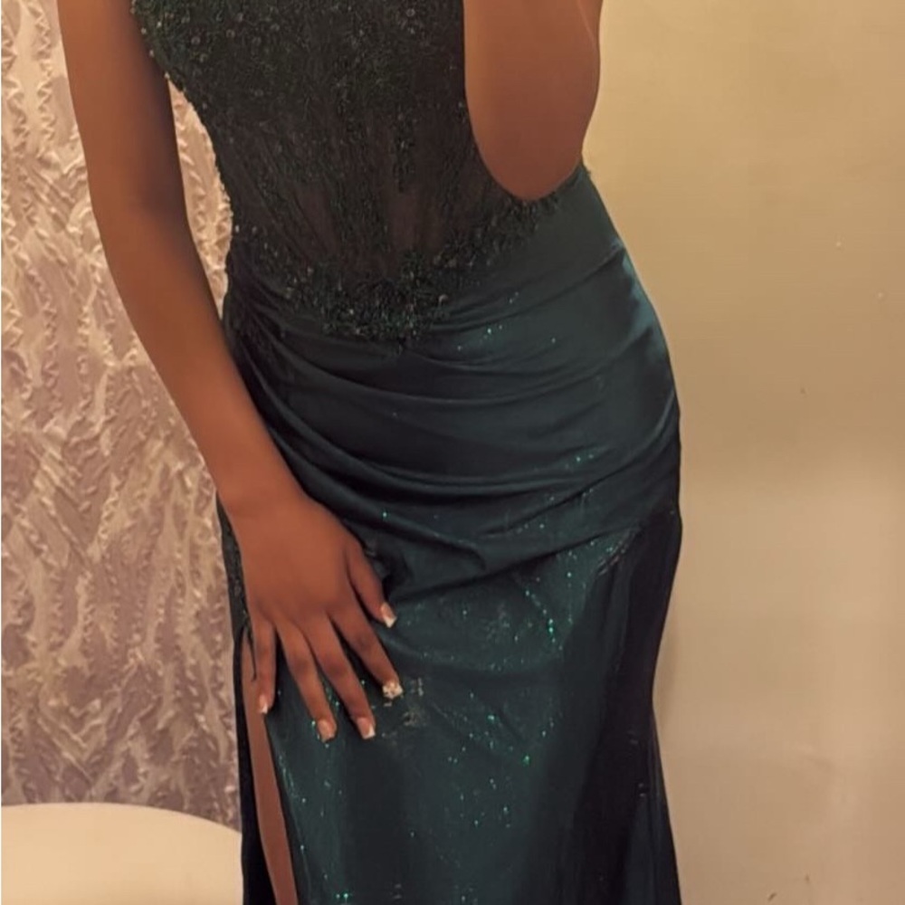 Green Embellished Ruched Spaghetti Strap Gown - Picture 4 of 4